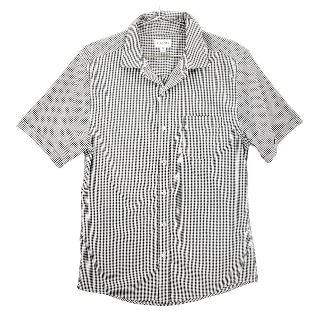 Haggar Shirt Mens‎ Medium Black White Check Cuffed Sleeve Casual Button Up Top